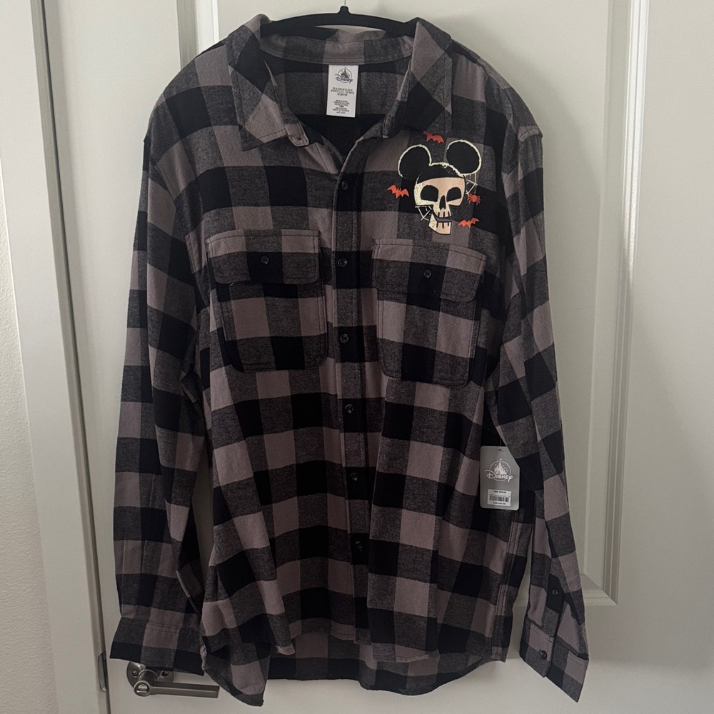 Disney Black and Gray Plaid Men's Shirt with Skull Design